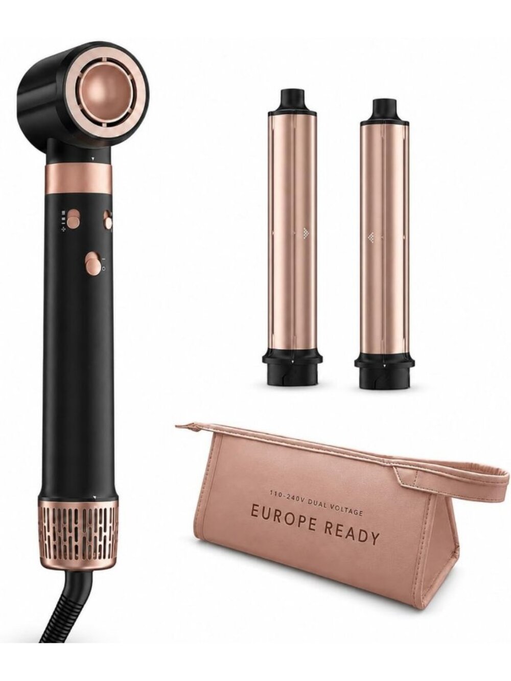 3-in-1 Dual Voltage Hair Dryer & Curler, Travel-Friendly with Auto-Wrap Barrels